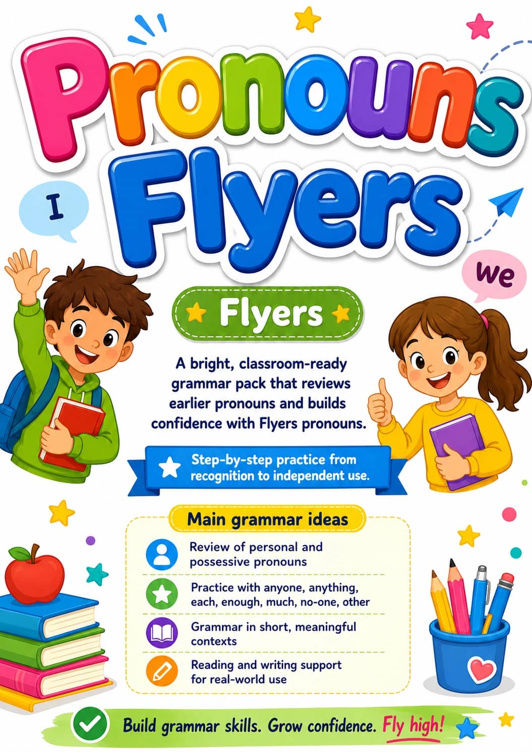 Pronouns Flyers Grammar Worksheet Pack printable Flyers English grammar worksheet pack preview from KiwiBee
