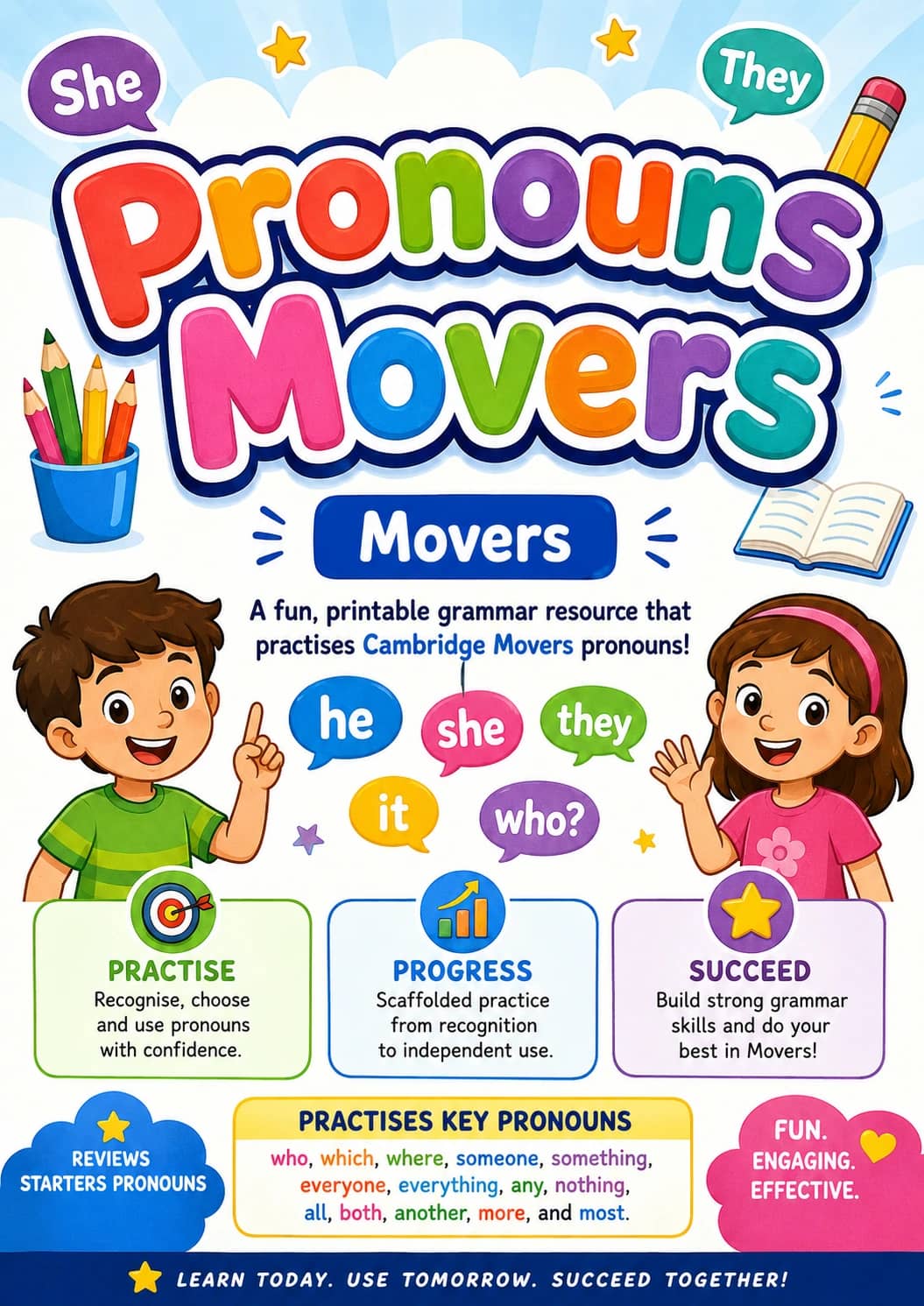 Pronouns Movers Grammar Worksheet Pack printable Movers English grammar worksheet pack preview from KiwiBee