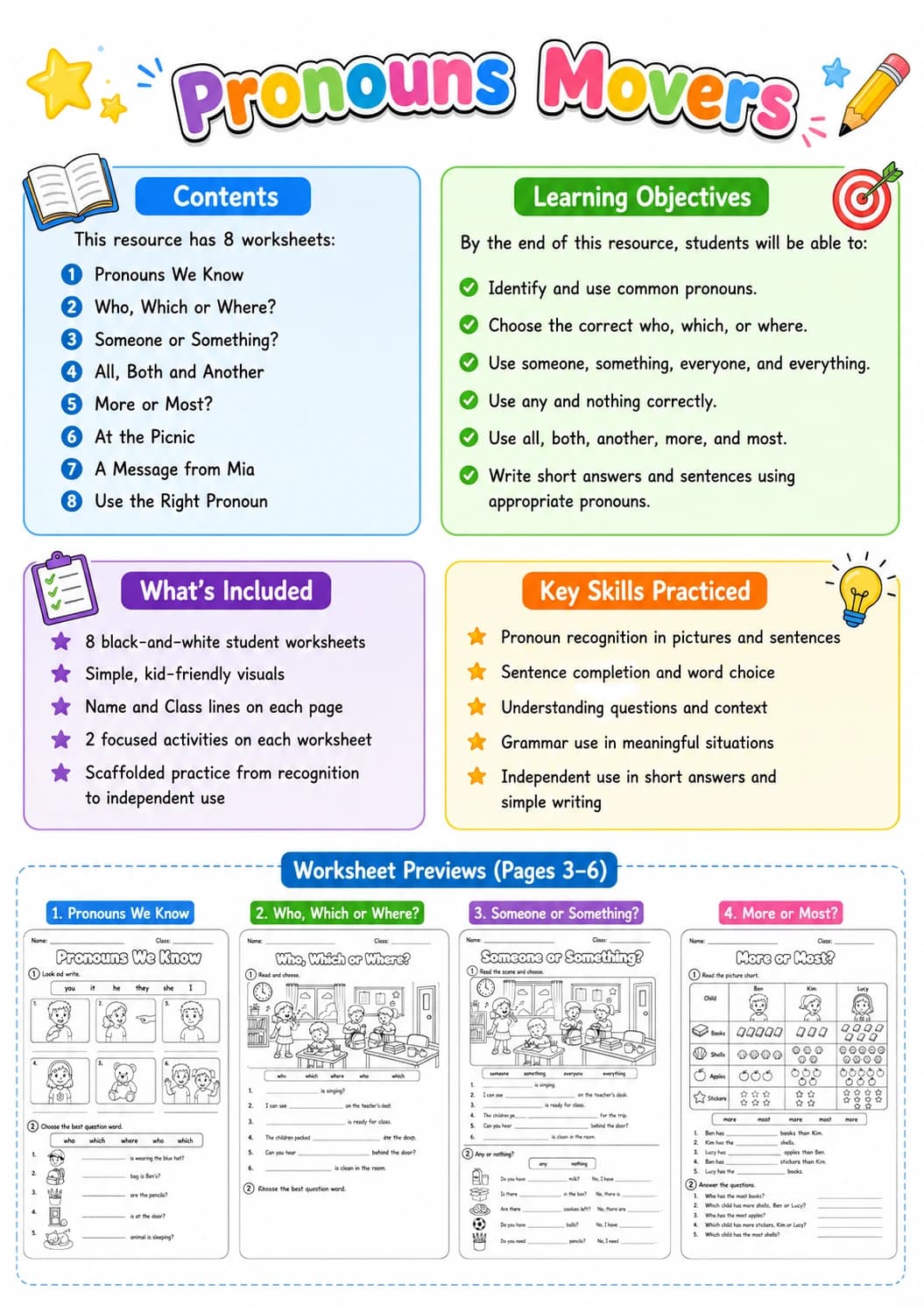 Pronouns Movers Grammar Worksheet Pack page 2 printable worksheet preview