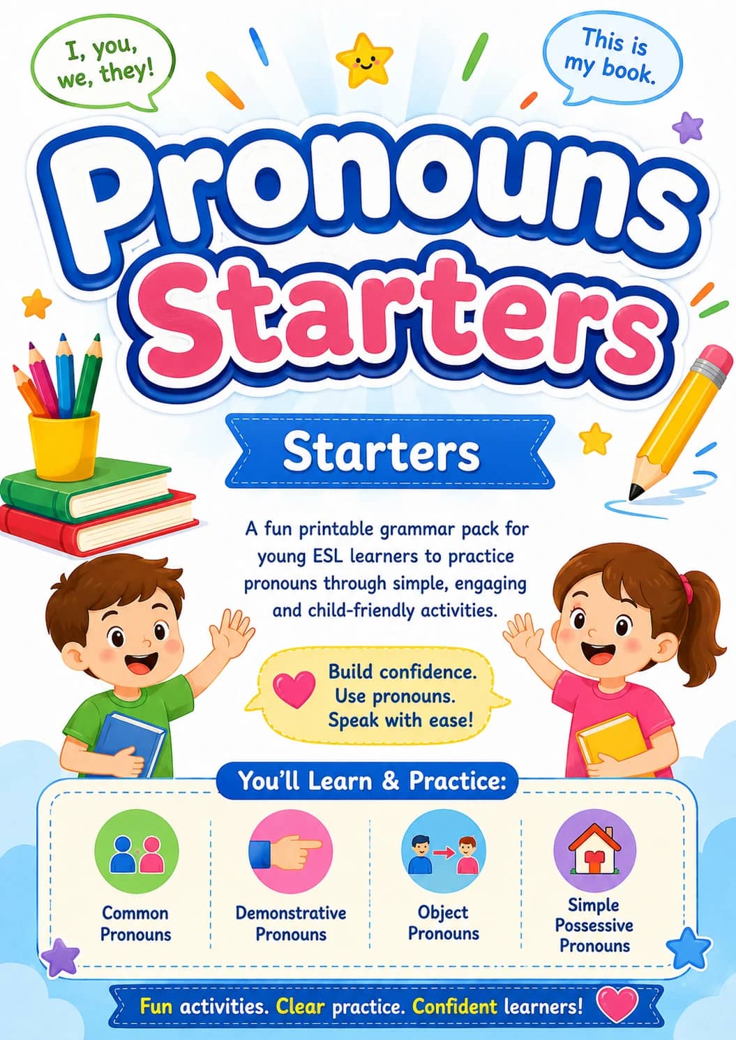 Pronouns Starters Grammar Worksheet Pack printable Starters English grammar worksheet pack preview from KiwiBee