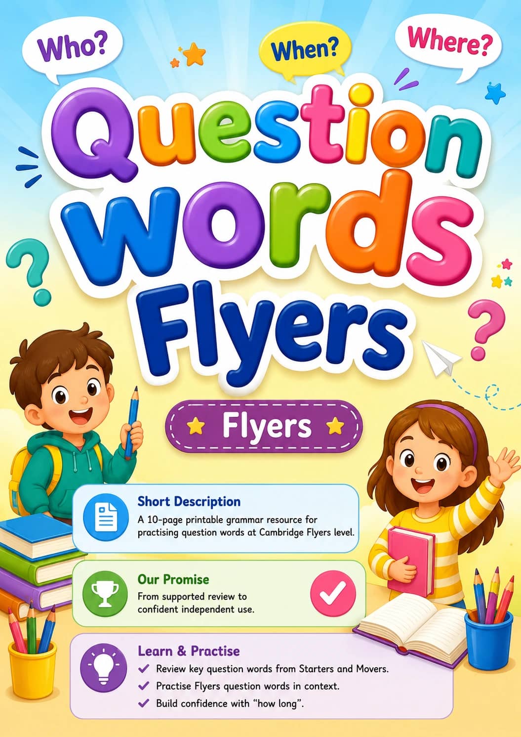 Question words Flyers Grammar Worksheet Pack printable Flyers English grammar worksheet pack preview from KiwiBee