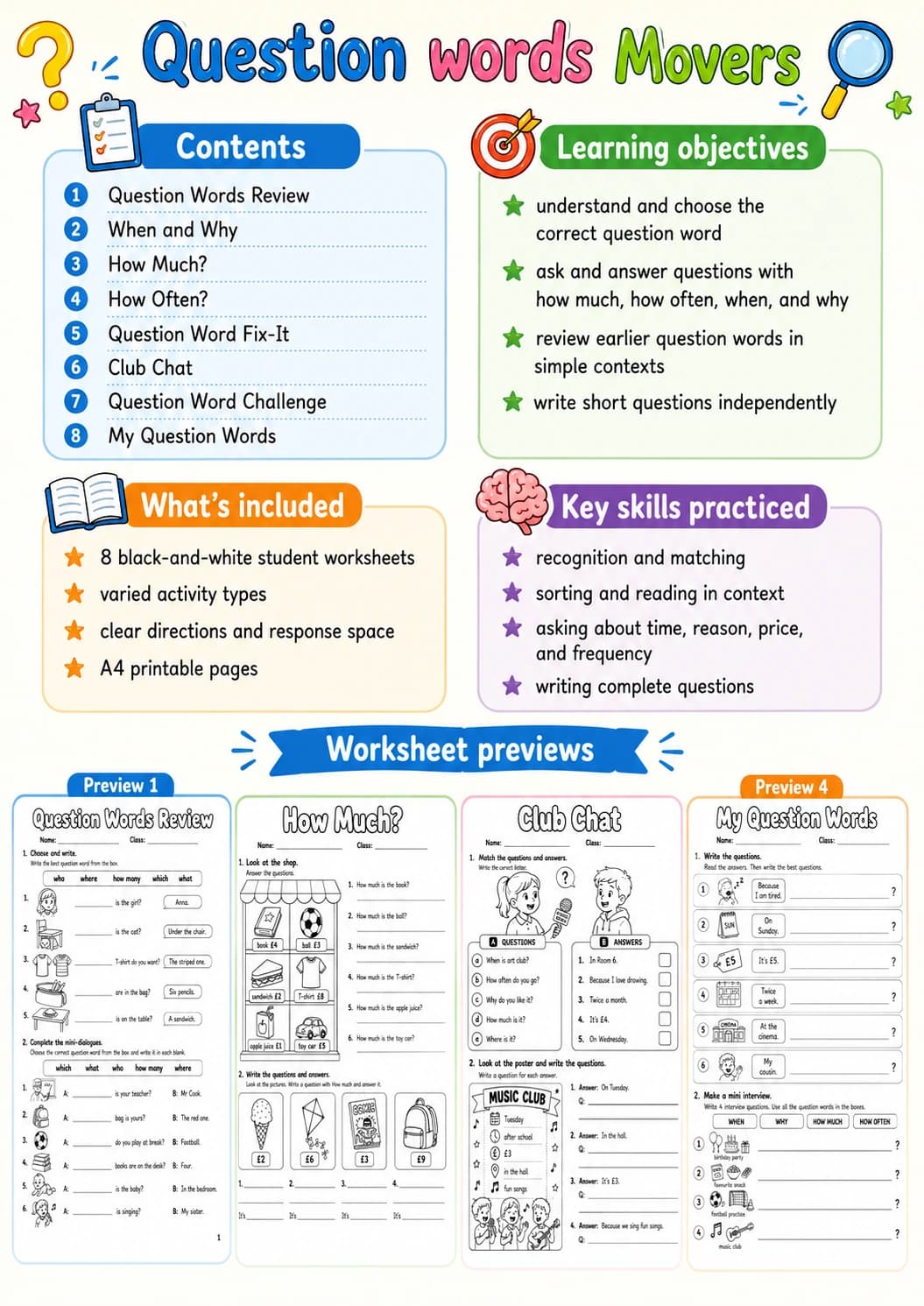 Question words Movers Grammar Worksheet Pack page 2 printable worksheet preview
