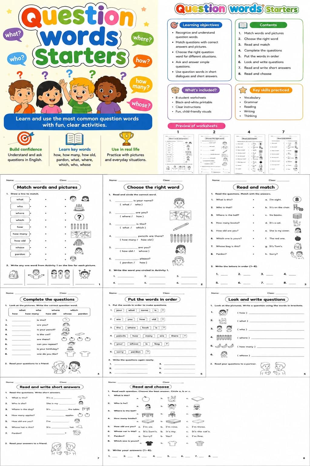 Question words Starters Grammar Worksheet Pack printable Starters English grammar worksheet pack preview from KiwiBee