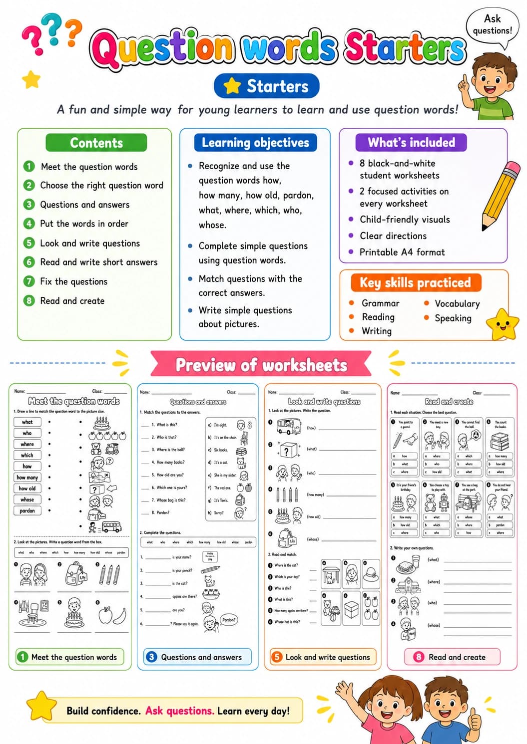 Question words Starters Grammar Worksheet Pack page 2 printable worksheet preview