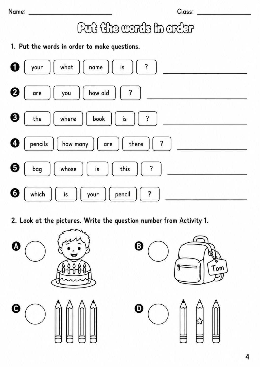 Question words Starters Grammar Worksheet Pack page 4 printable worksheet preview