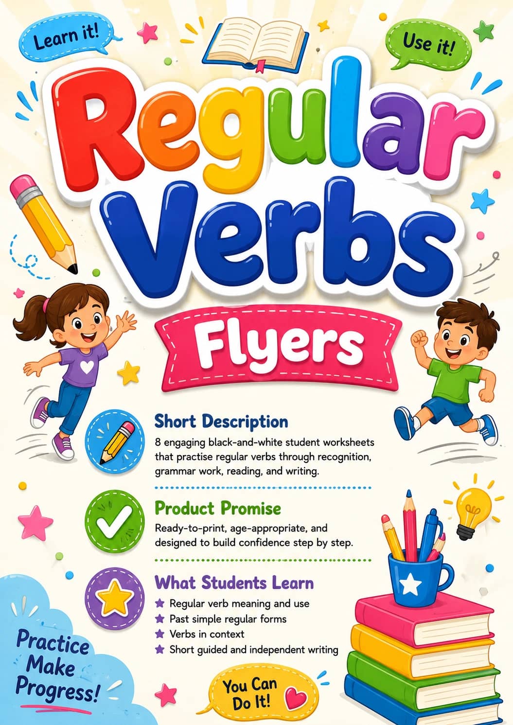 Regular Verbs Flyers Grammar Worksheet Pack printable Flyers English grammar worksheet pack preview from KiwiBee