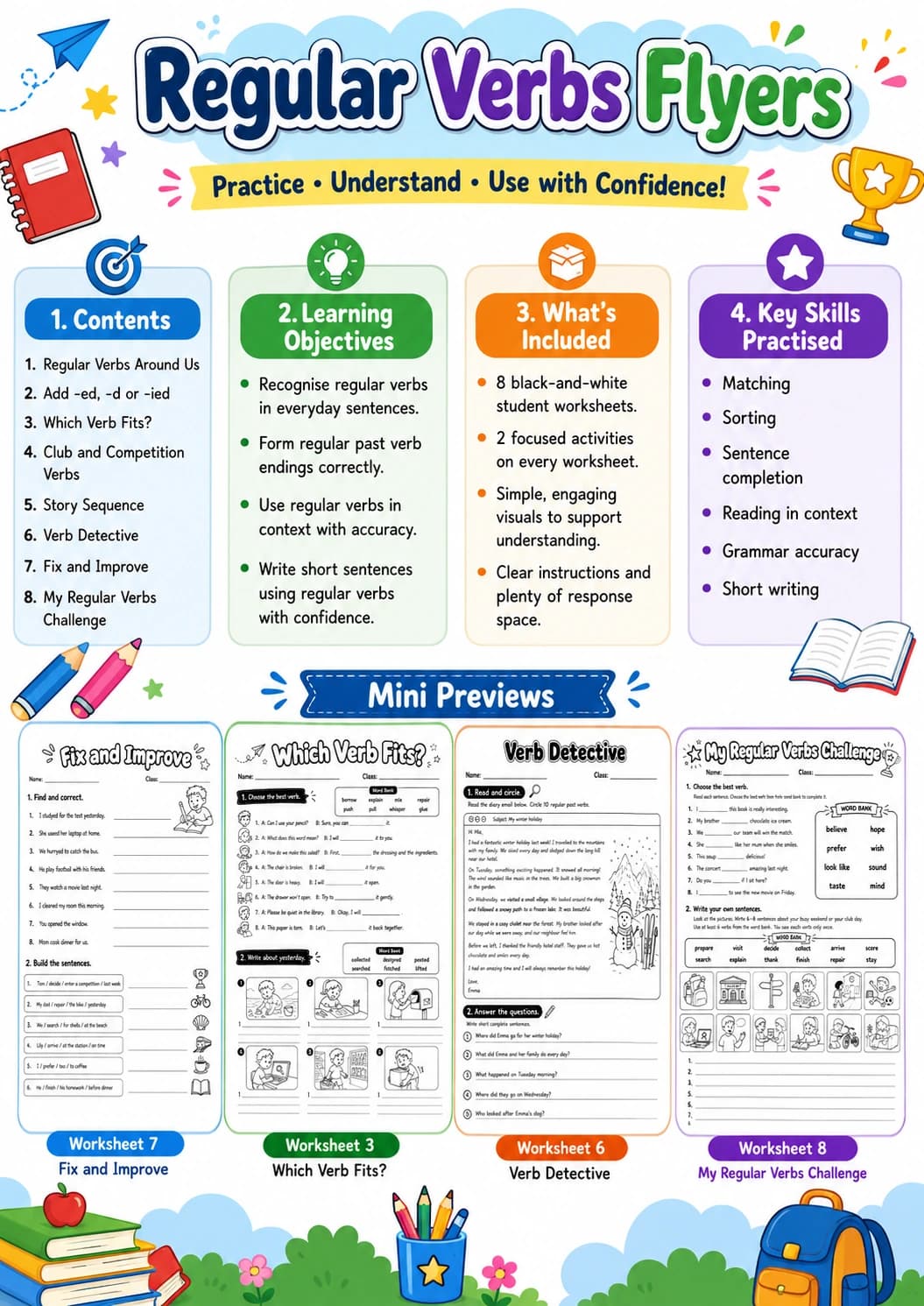 Regular Verbs Flyers Grammar Worksheet Pack page 2 printable worksheet preview