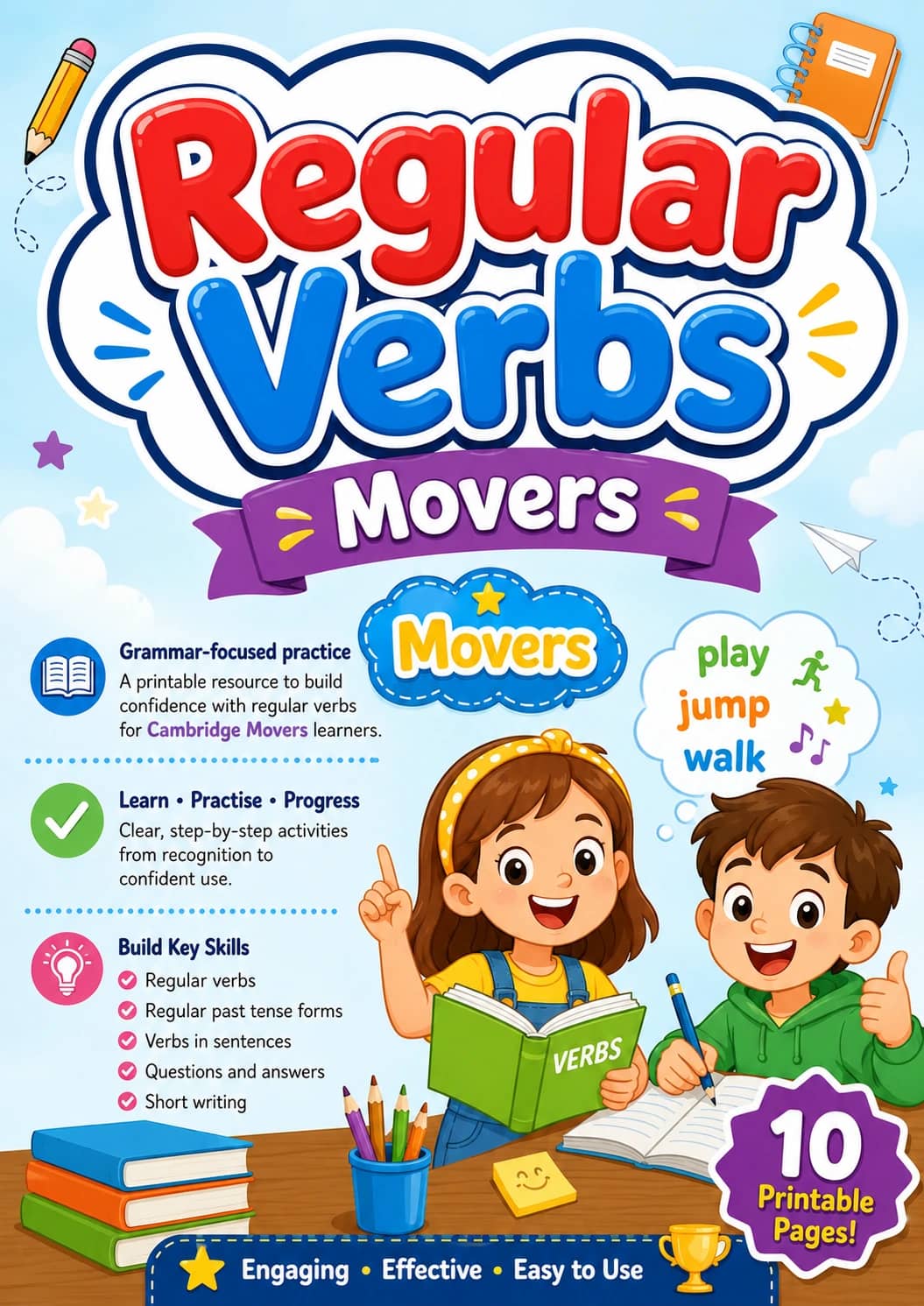 Regular Verbs Movers Grammar Worksheet Pack printable Movers English grammar worksheet pack preview from KiwiBee