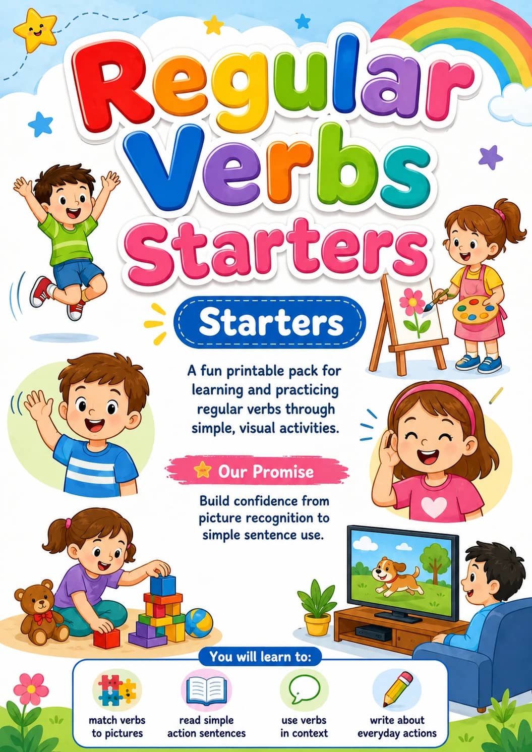Regular Verbs Starters Grammar Worksheet Pack printable Starters English grammar worksheet pack preview from KiwiBee