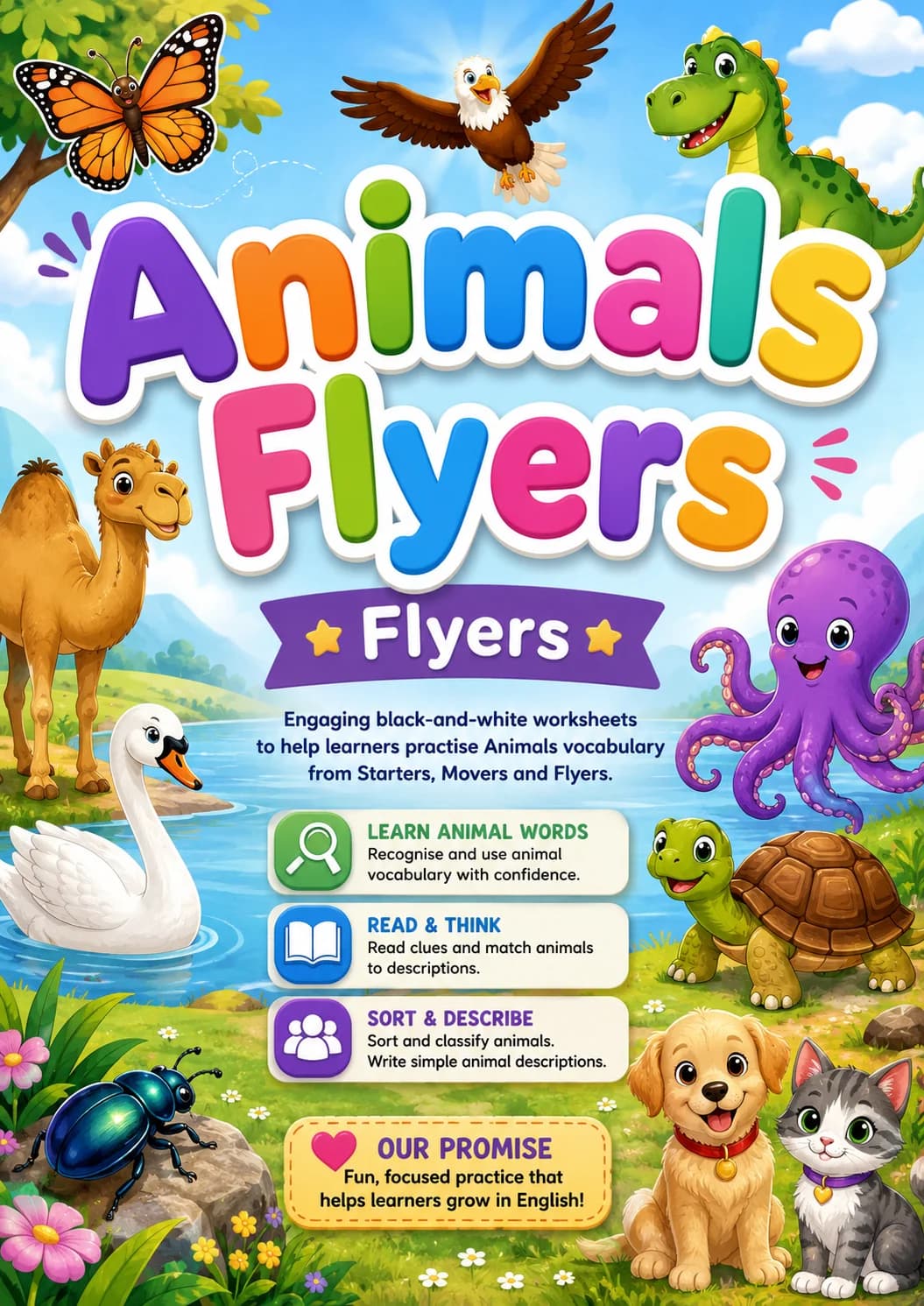Animals Flyers Vocabulary Worksheet Pack printable Flyers English worksheet pack preview from KiwiBee