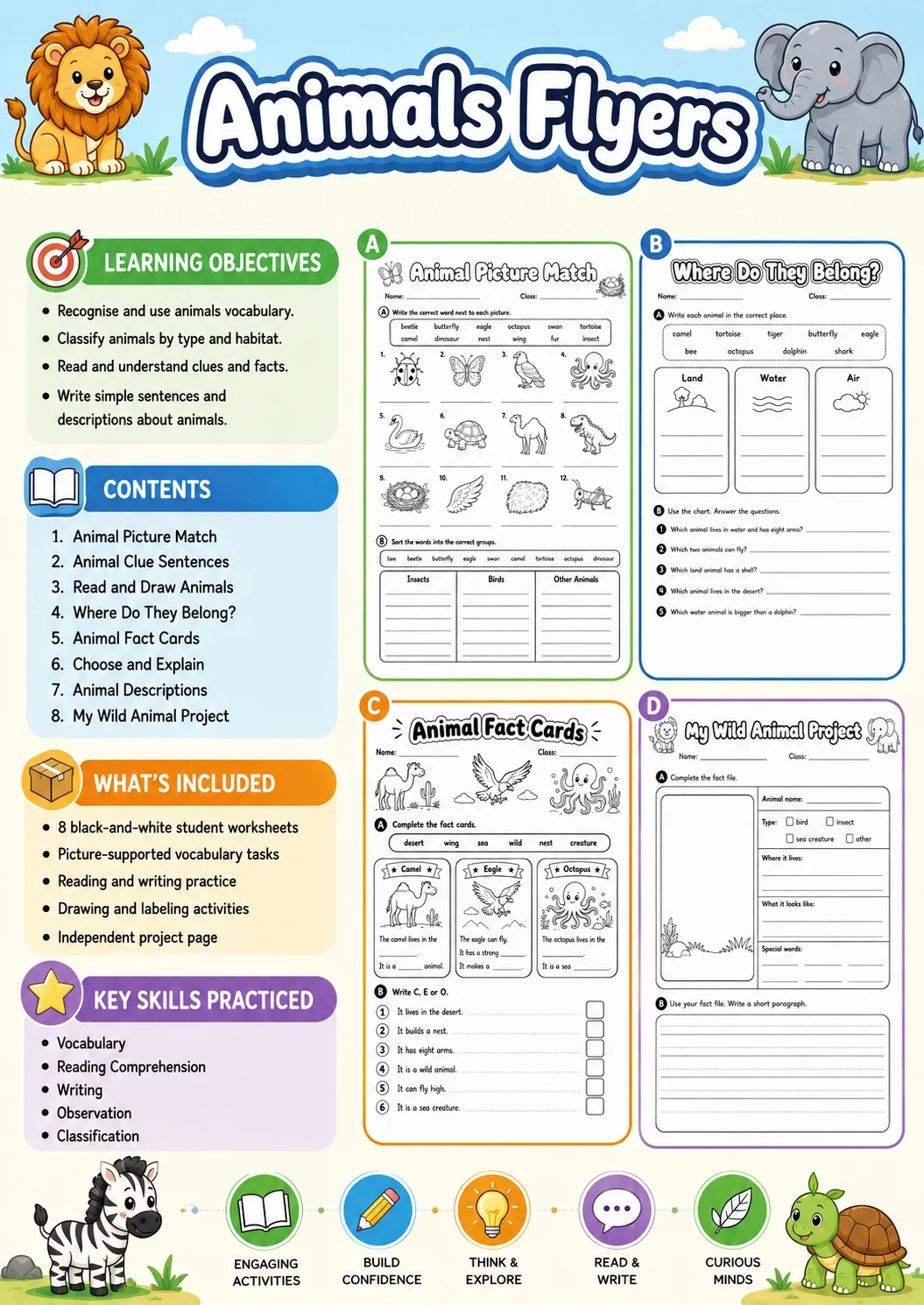 Animals Flyers Vocabulary Worksheet Pack page 2 printable worksheet preview