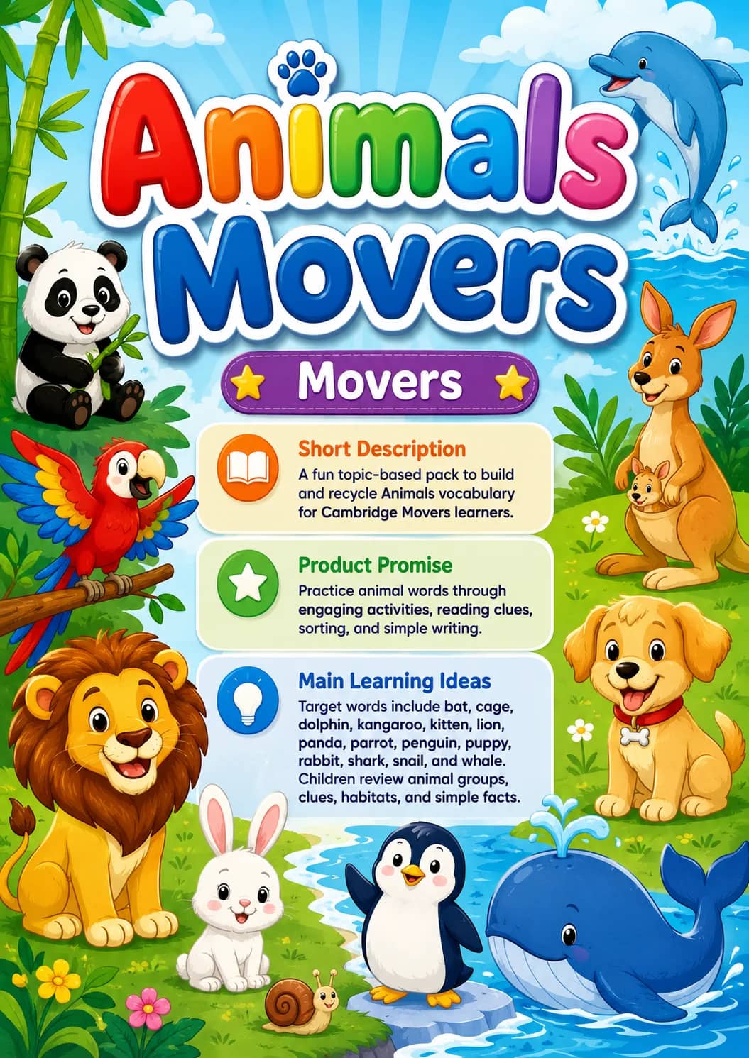 Animals Movers Vocabulary Worksheet Pack printable Movers English worksheet pack preview from KiwiBee