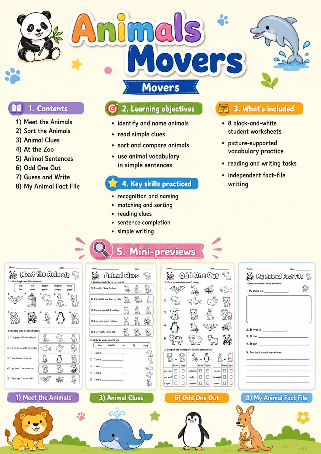 Animals Movers Vocabulary Worksheet Pack page 2 printable worksheet preview