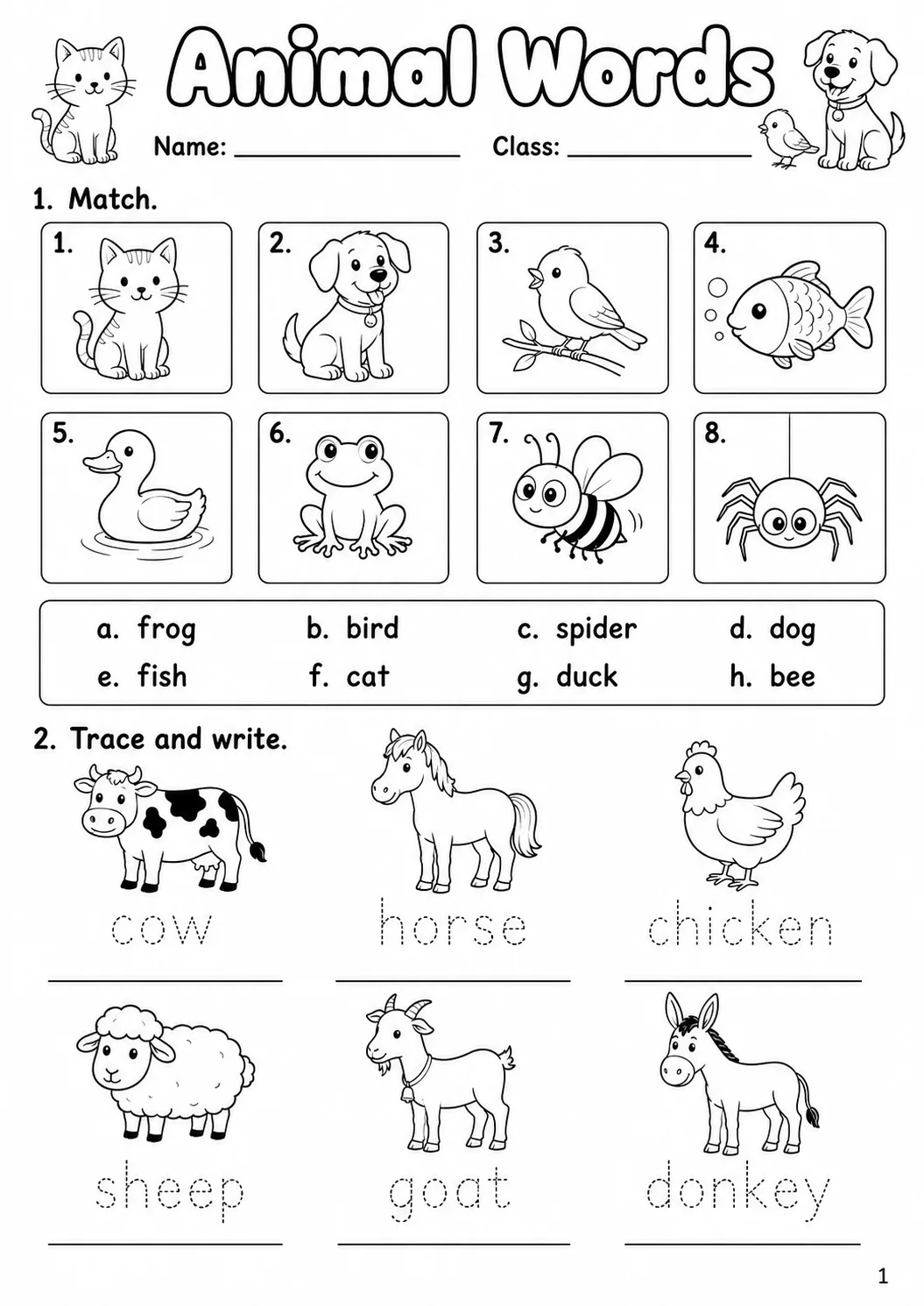 Animals Starters Vocabulary Worksheet Pack page 3 printable worksheet preview