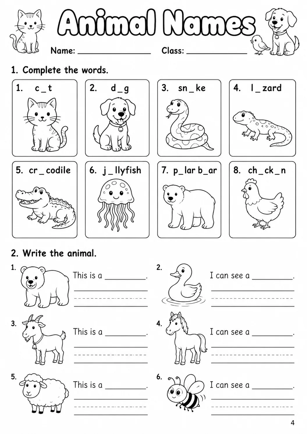 Animals Starters Vocabulary Worksheet Pack page 6 printable worksheet preview