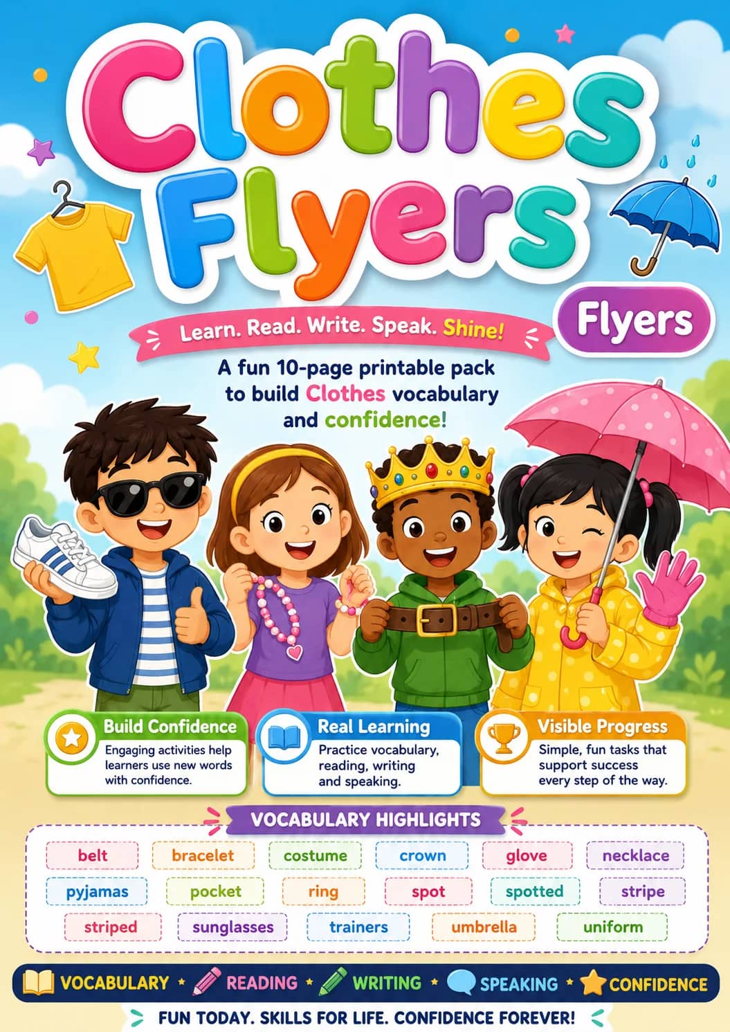 Clothes Flyers Vocabulary Worksheet Pack printable Flyers English worksheet pack preview from KiwiBee