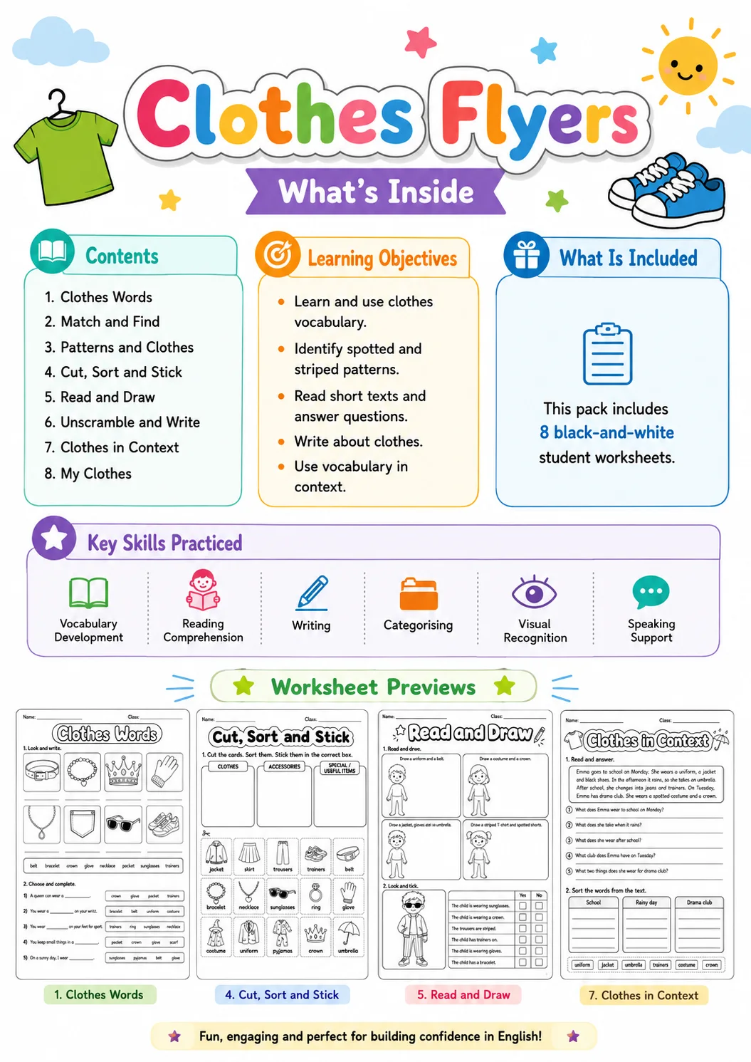 Clothes Flyers Vocabulary Worksheet Pack page 2 printable worksheet preview