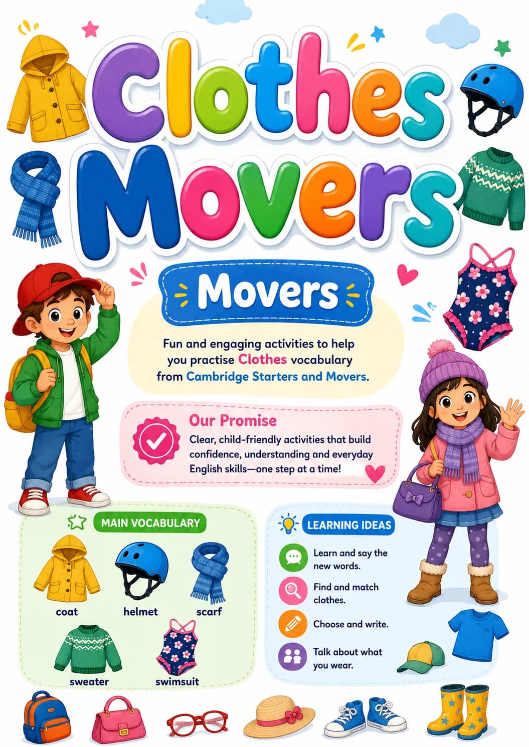 Clothes Movers Vocabulary Worksheet Pack printable Movers English worksheet pack preview from KiwiBee