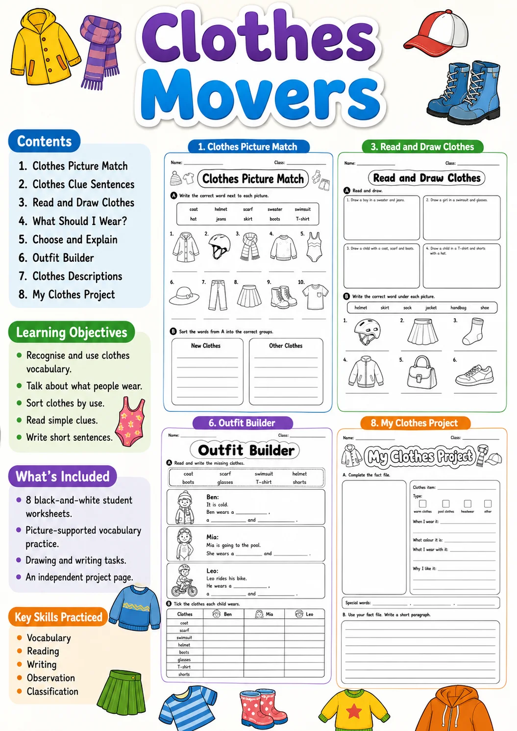 Clothes Movers Vocabulary Worksheet Pack page 2 printable worksheet preview