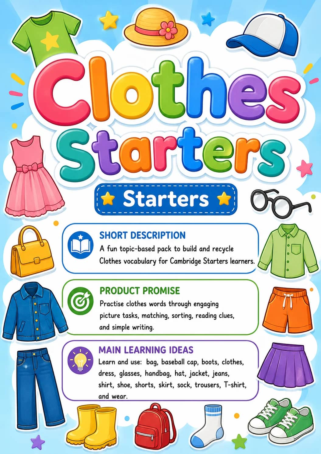 Clothes Starters Vocabulary Worksheet Pack printable Starters English worksheet pack preview from KiwiBee