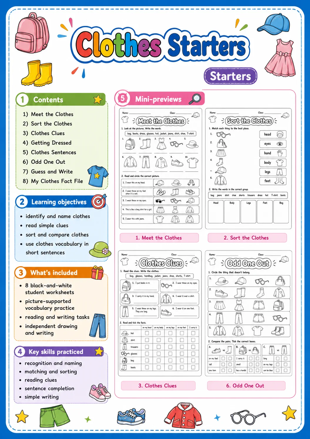 Clothes Starters Vocabulary Worksheet Pack page 2 printable worksheet preview