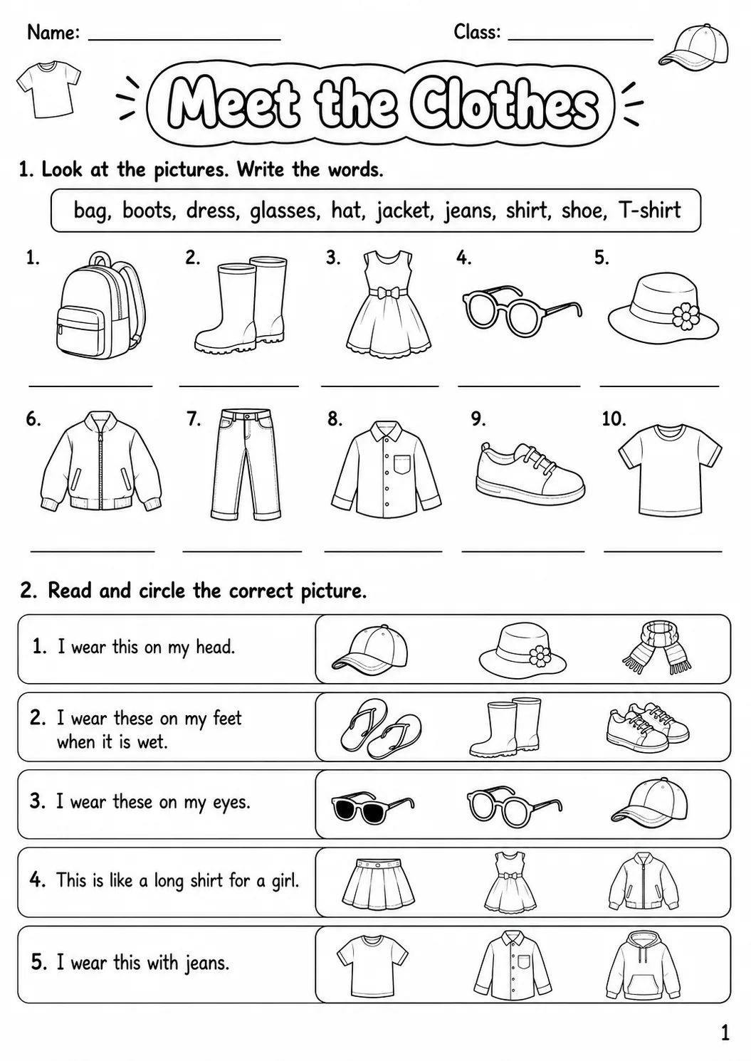Clothes Starters Vocabulary Worksheet Pack page 3 printable worksheet preview