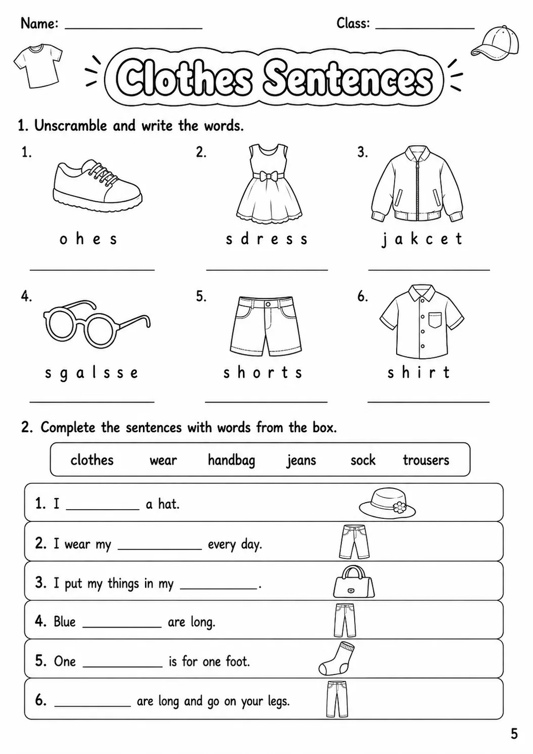 Clothes Starters Vocabulary Worksheet Pack page 5 printable worksheet preview