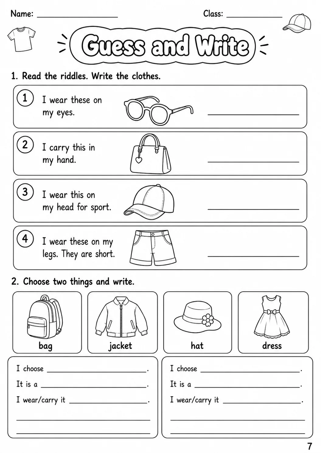 Clothes Starters Vocabulary Worksheet Pack page 10 printable worksheet preview