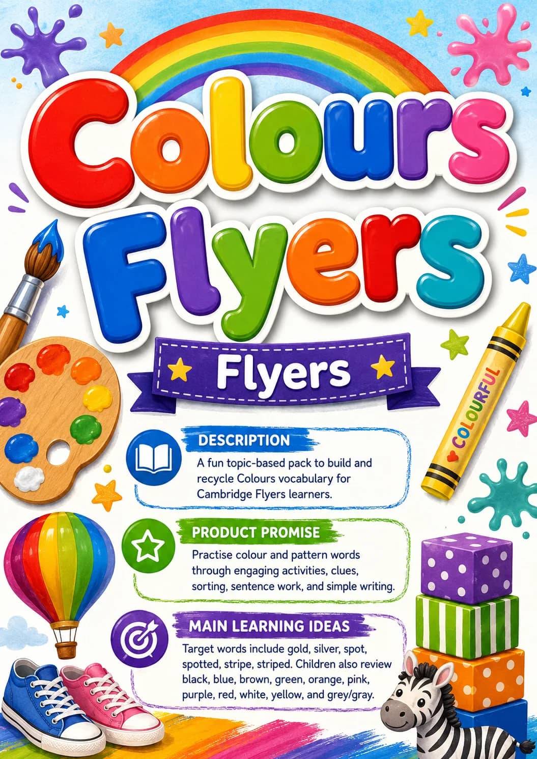 Colours Flyers Vocabulary Worksheet Pack printable Flyers English worksheet pack preview from KiwiBee