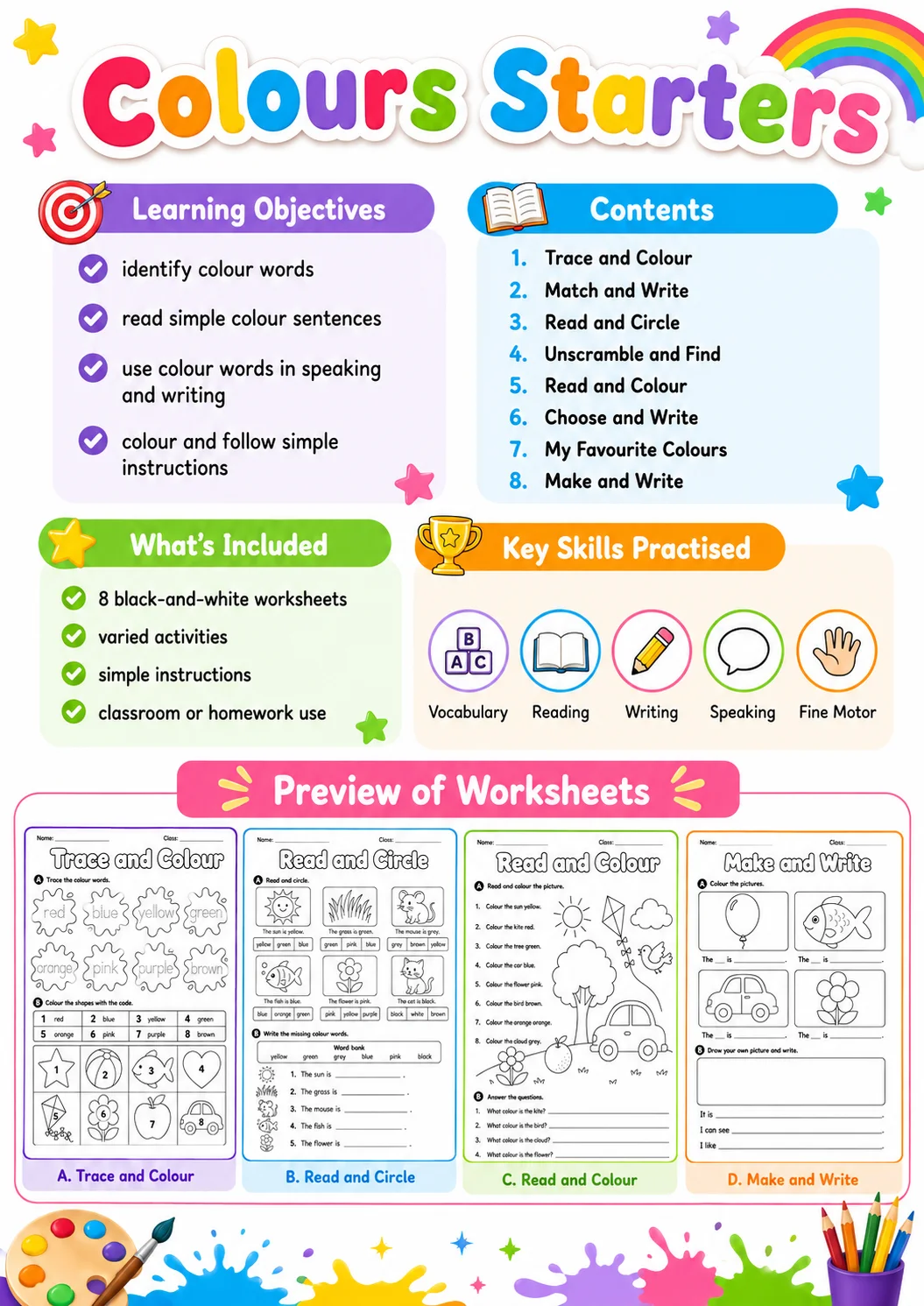 Colours Starters Vocabulary Worksheet Pack page 2 printable worksheet preview