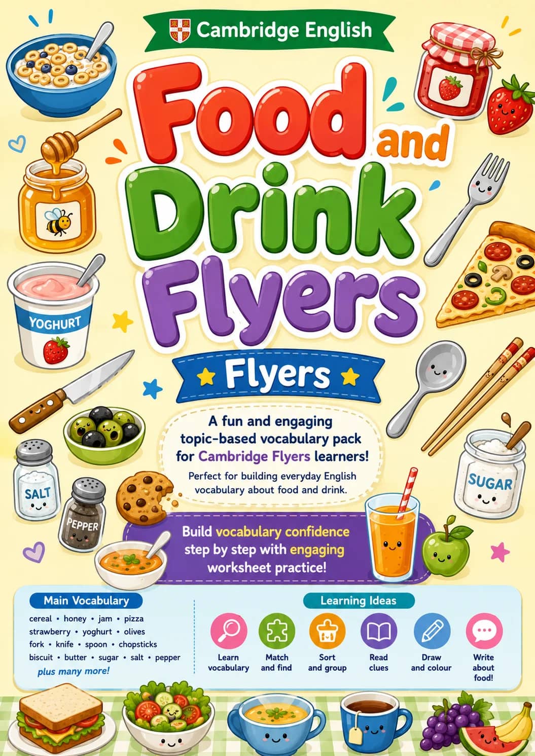 Food and Drink Flyers Vocabulary Worksheet Pack printable Flyers English worksheet pack preview from KiwiBee