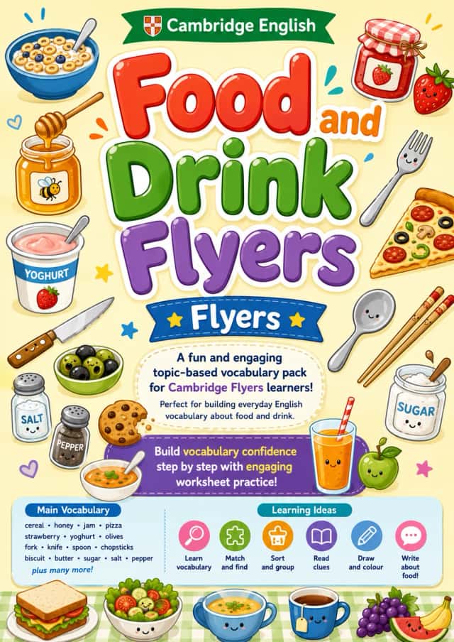 Food and Drink Flyers Vocabulary Worksheet Pack