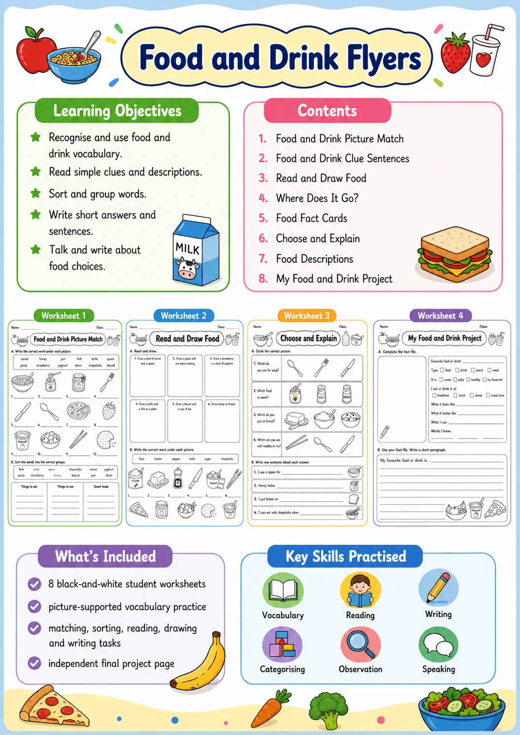 Food and Drink Flyers Vocabulary Worksheet Pack page 2 printable worksheet preview