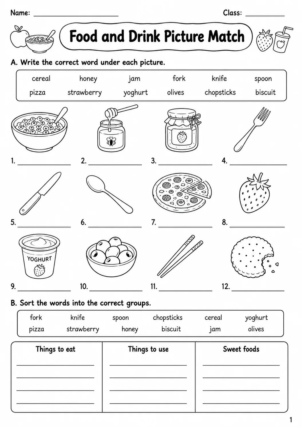 Food and Drink Flyers Vocabulary Worksheet Pack page 3 printable worksheet preview