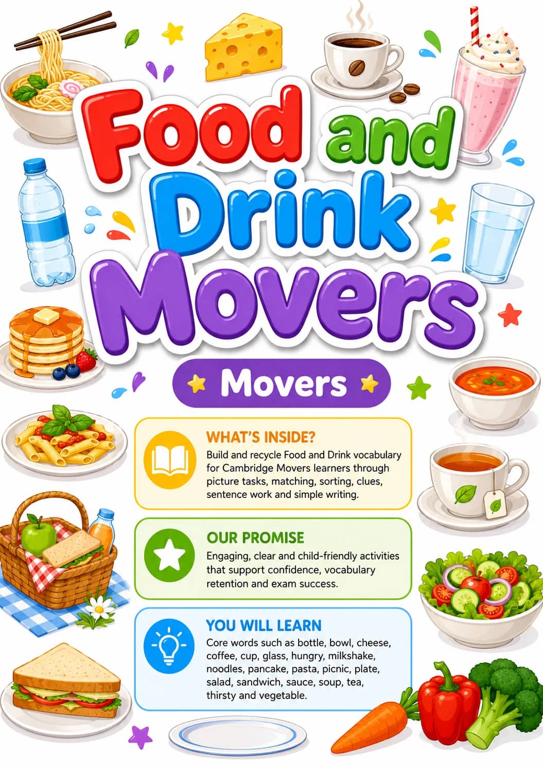 Food and Drink Movers Vocabulary Worksheet Pack printable Movers English worksheet pack preview from KiwiBee