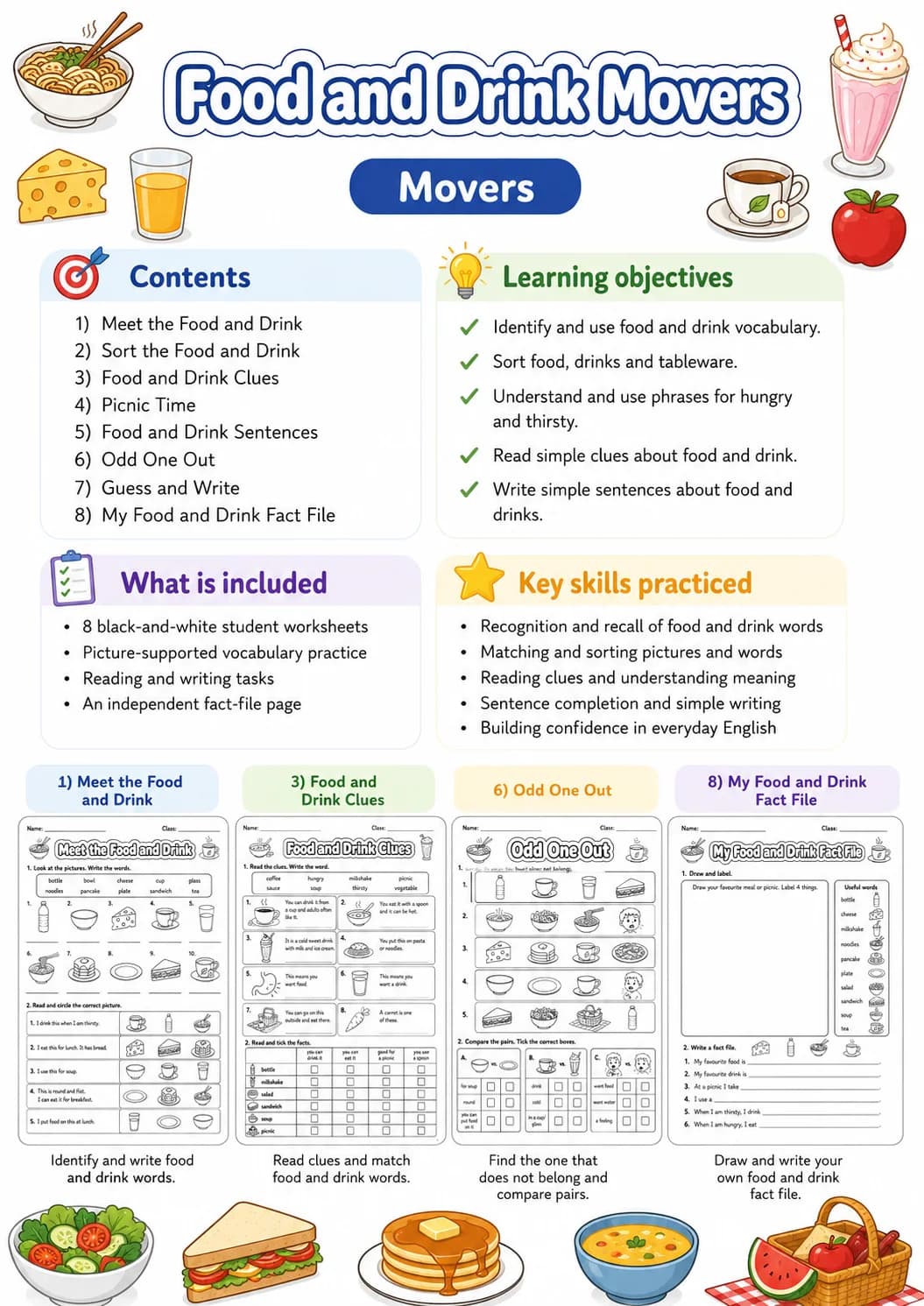 Food and Drink Movers Vocabulary Worksheet Pack page 2 printable worksheet preview