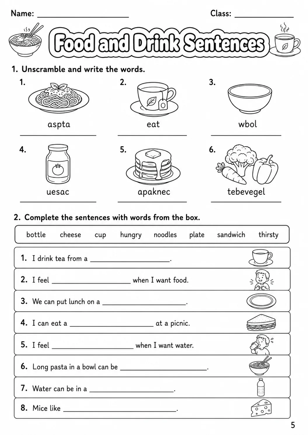 Food and Drink Movers Vocabulary Worksheet Pack page 7 printable worksheet preview