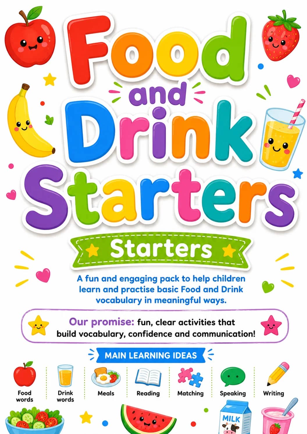 Food and Drink Starters Vocabulary Worksheet Pack printable Starters English worksheet pack preview from KiwiBee