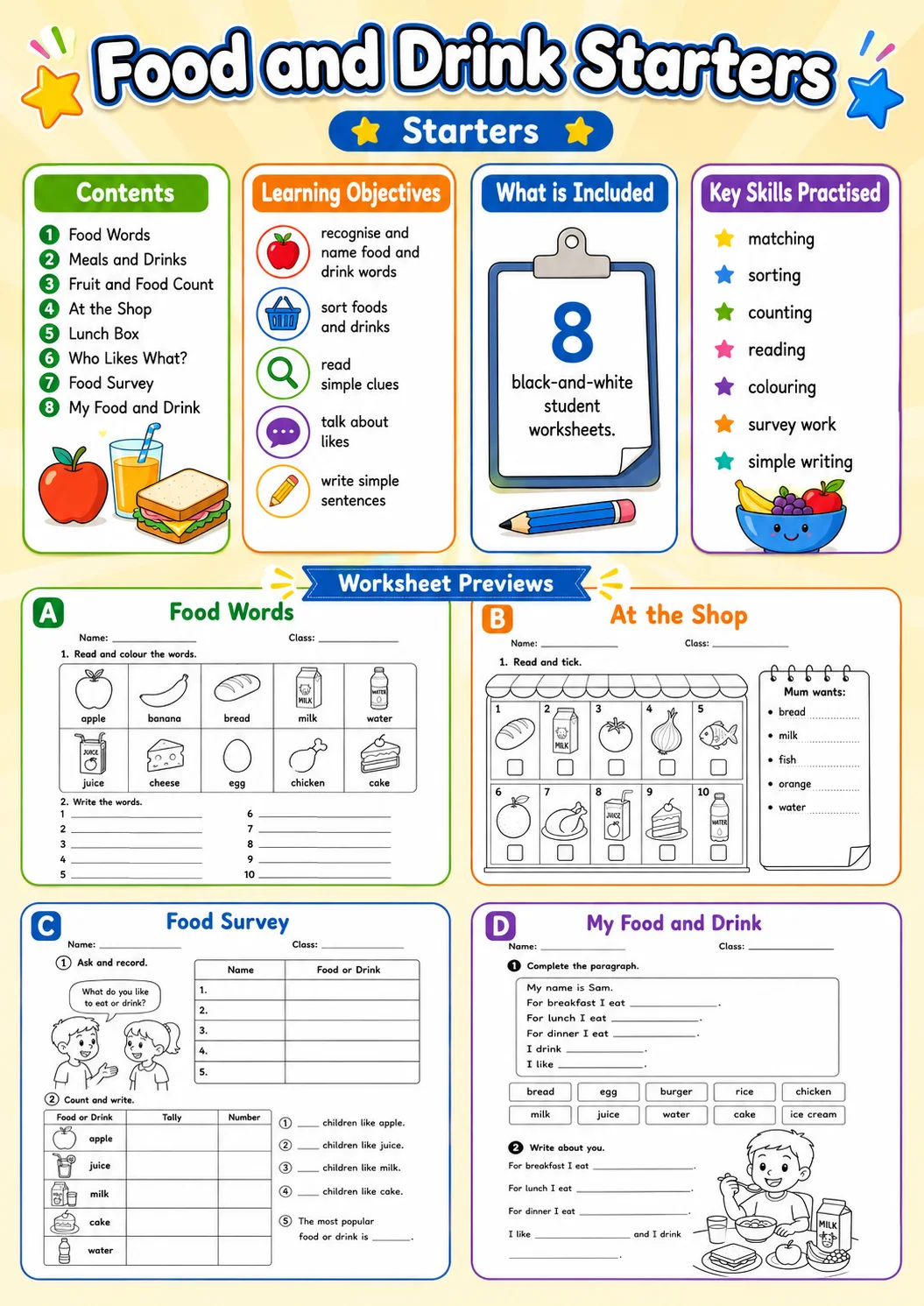 Food and Drink Starters Vocabulary Worksheet Pack page 2 printable worksheet preview