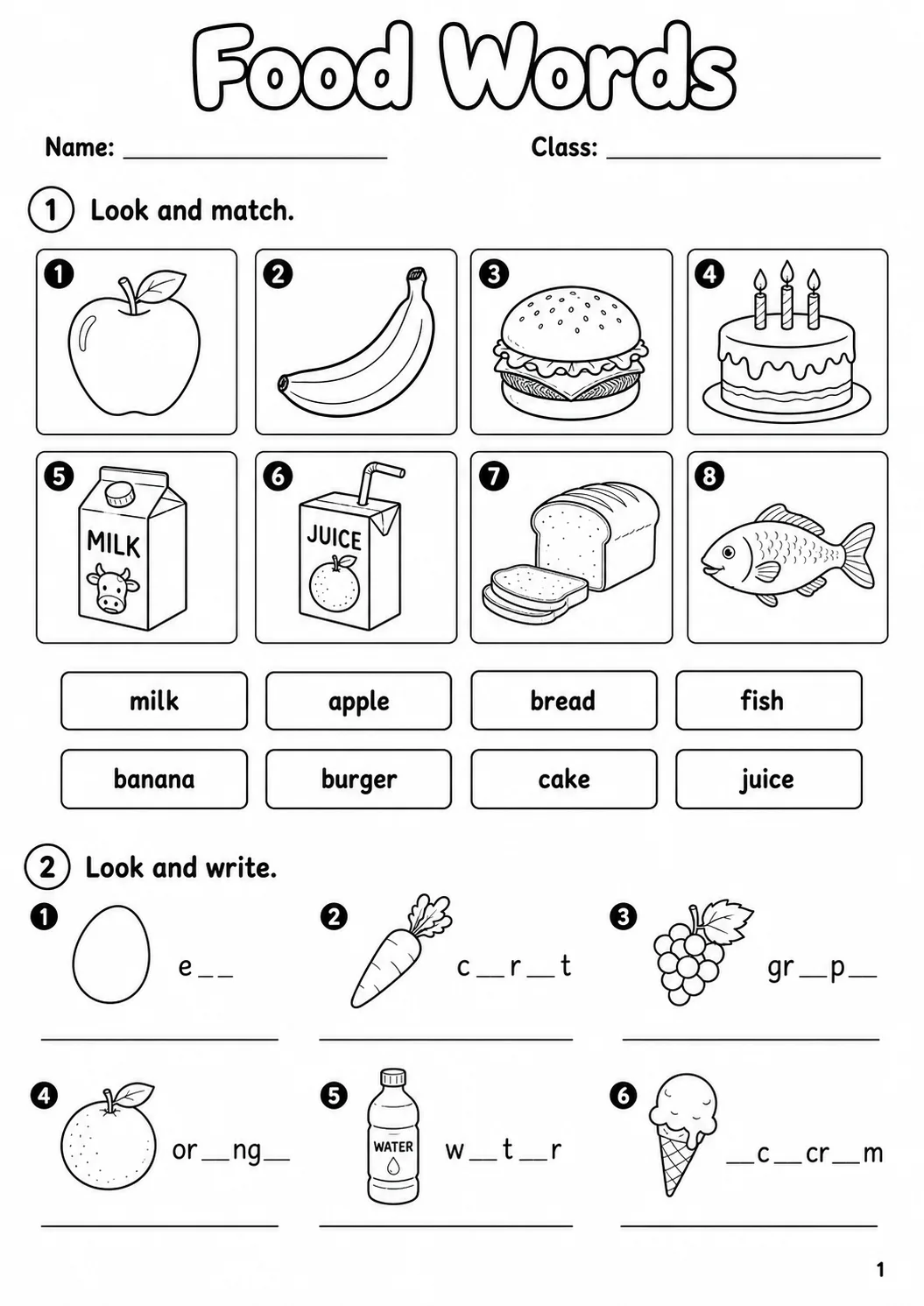 Food and Drink Starters Vocabulary Worksheet Pack page 3 printable worksheet preview