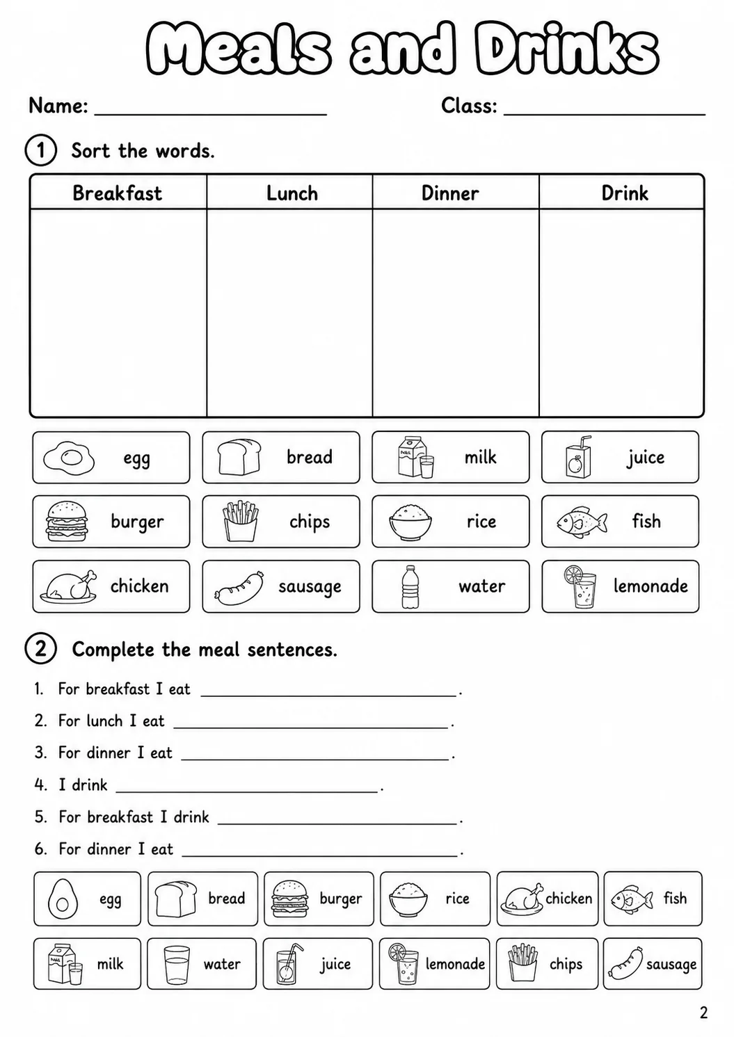 Food and Drink Starters Vocabulary Worksheet Pack page 4 printable worksheet preview