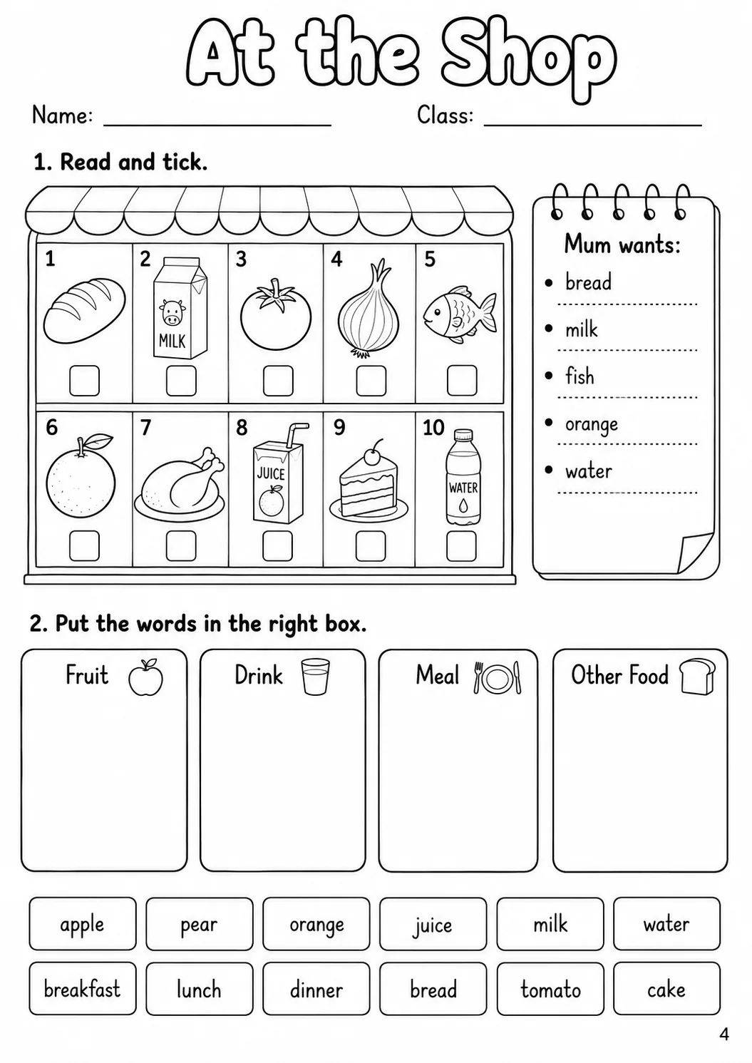 Food and Drink Starters Vocabulary Worksheet Pack page 6 printable worksheet preview