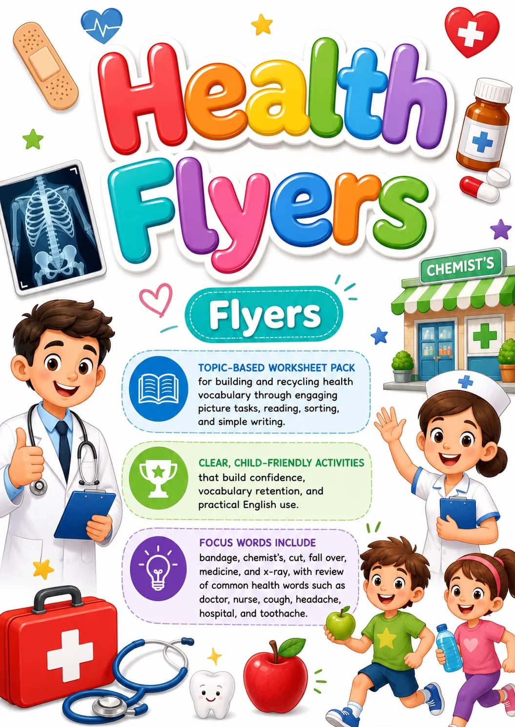Health Flyers Vocabulary Worksheet Pack printable Flyers English worksheet pack preview from KiwiBee
