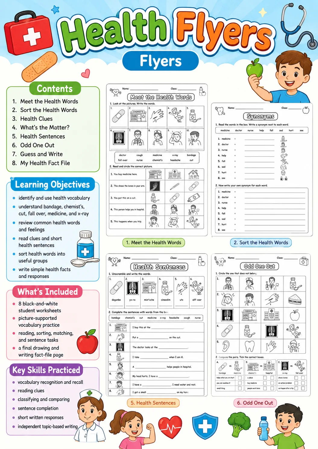 Health Flyers Vocabulary Worksheet Pack page 2 printable worksheet preview