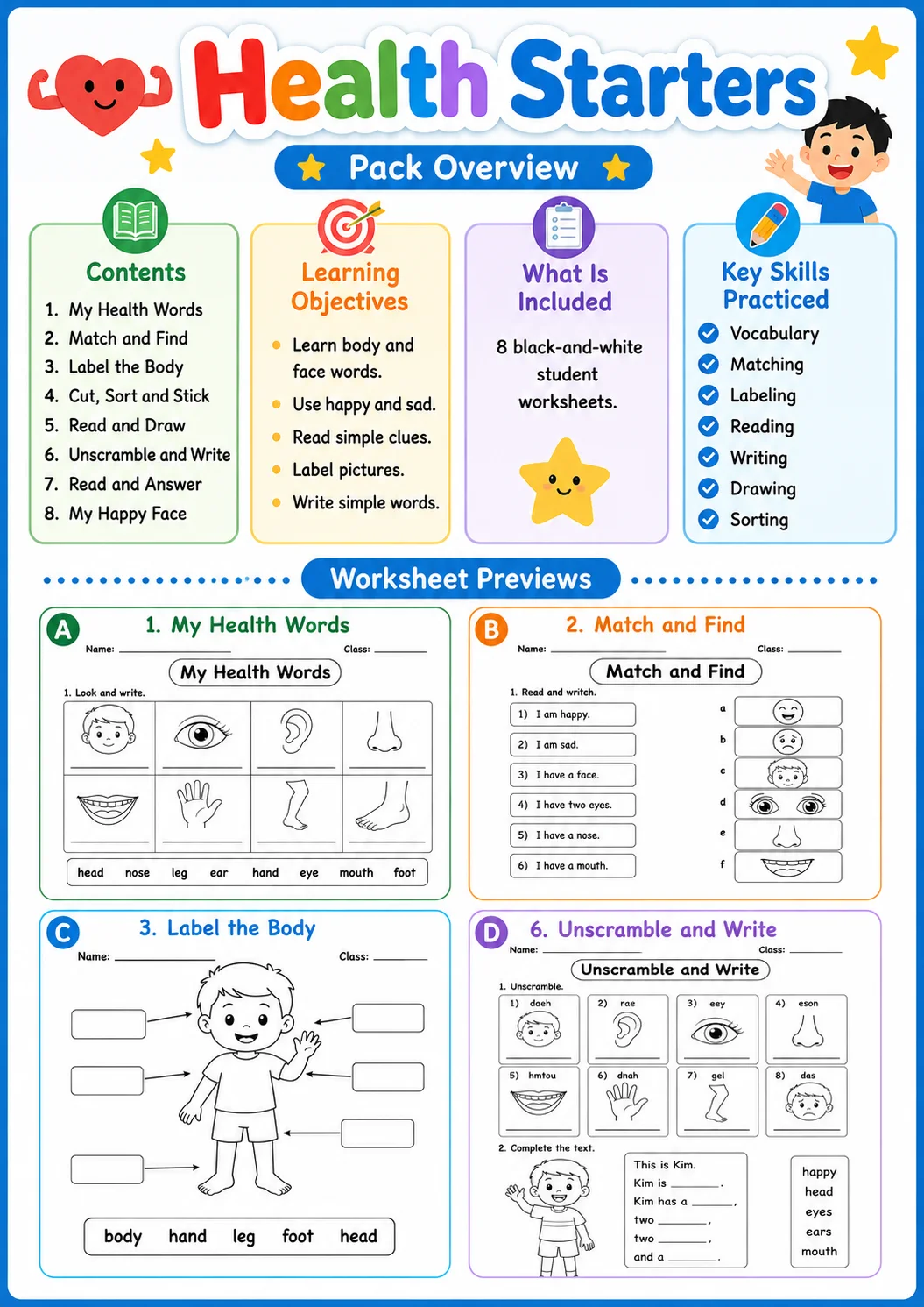 Health Starters Vocabulary Worksheet Pack page 2 printable worksheet preview