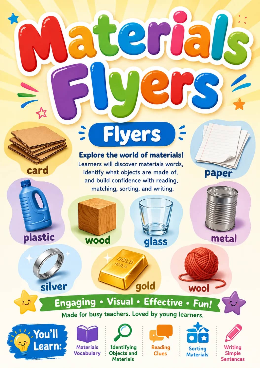 Materials Flyers Vocabulary Worksheet Pack printable Flyers English worksheet pack preview from KiwiBee