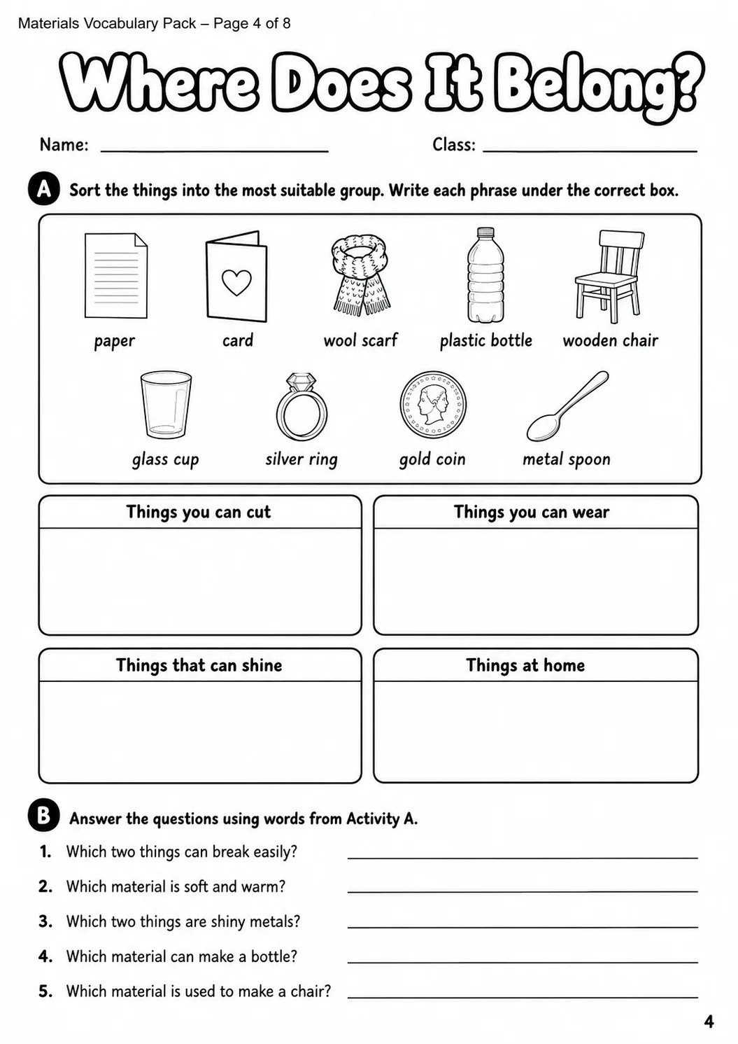 Materials Flyers Vocabulary Worksheet Pack page 6 printable worksheet preview