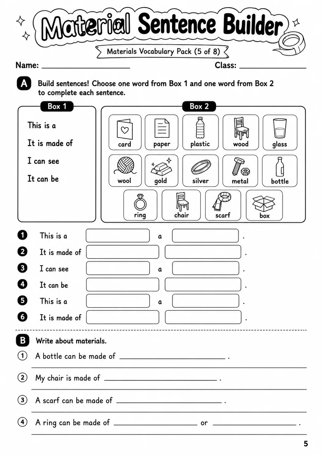 Materials Flyers Vocabulary Worksheet Pack page 7 printable worksheet preview