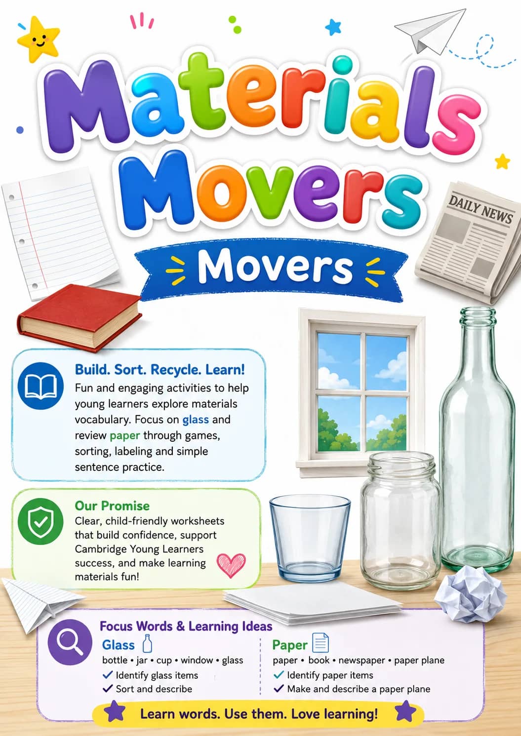 Materials Movers Vocabulary Worksheet Pack printable Movers English worksheet pack preview from KiwiBee