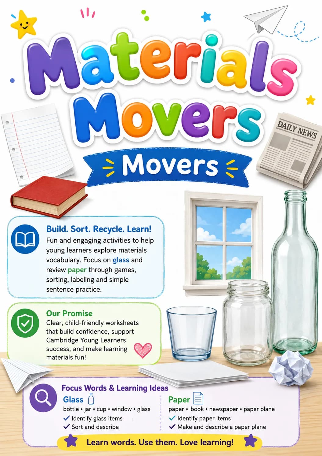 Materials Movers Vocabulary Worksheet Pack printable Movers English worksheet pack preview from KiwiBee